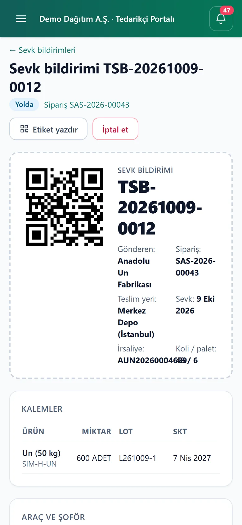 Telefonda sevk bildirimi ve QR etiket